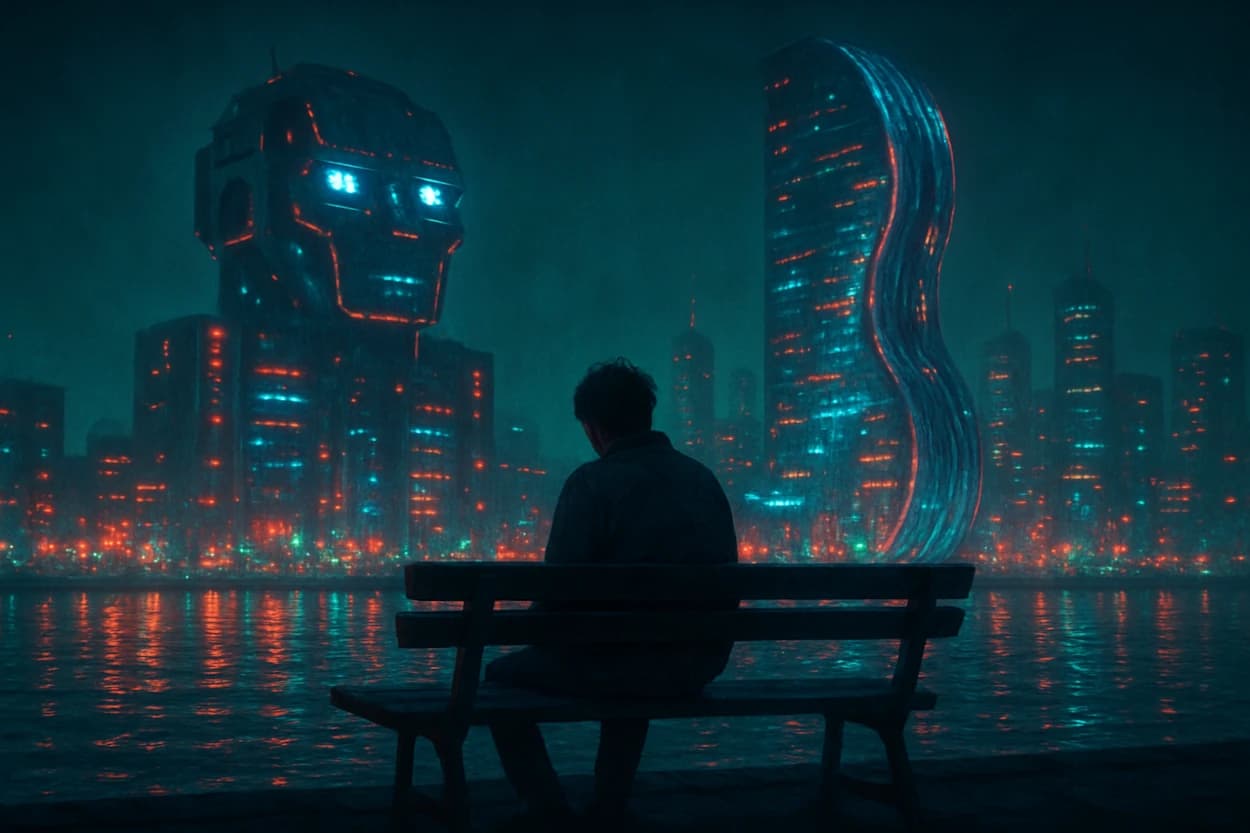 A man sitting on a bench looking out at a hallucination of a cityscape.